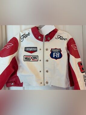 ELFRIC EDEN Racing-Inspired Red & White Cropped Jacket with Patches NWT